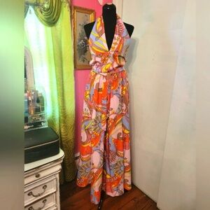 Smak Parlour Budding Romance 70s Colorful Paisley Print Halter Maxi Dress, Sz L